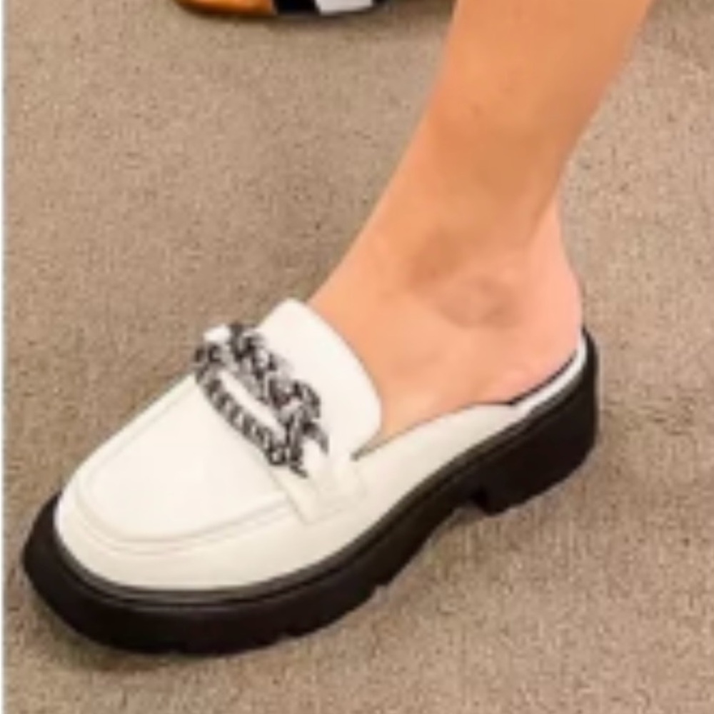 Tristan White Mules with Chain Detail
